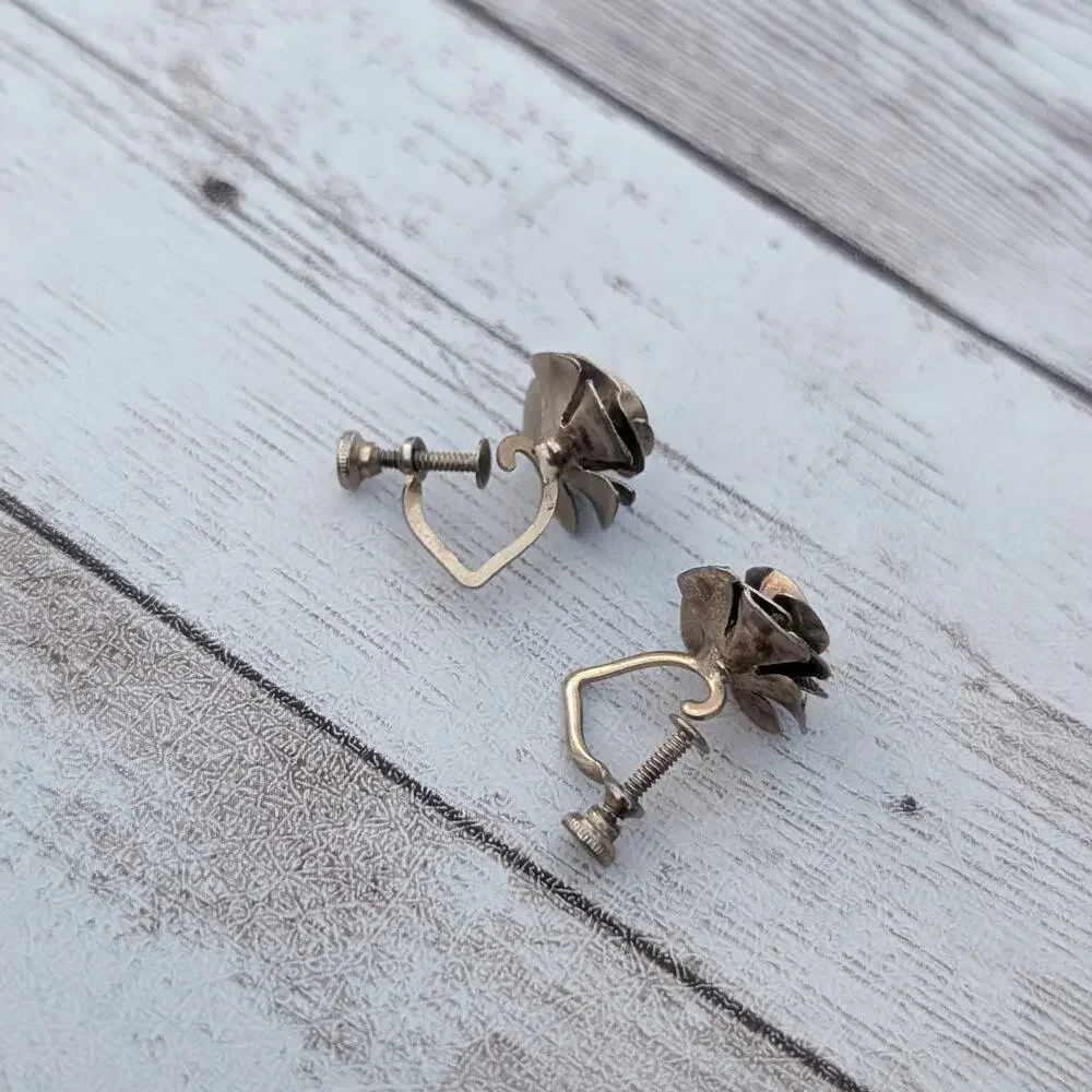 Vintage Screw Back Earrings Brass Tone Flower - One is Bent